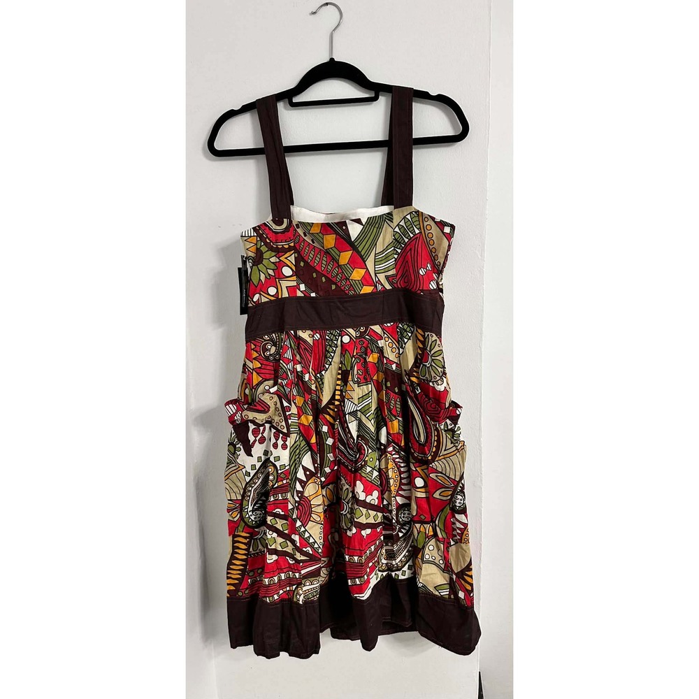 Bohemian Festival Retro Print‎ Dress Brown Multicolor w/pockets Woman 12 AGB - Picture 2 of 7
